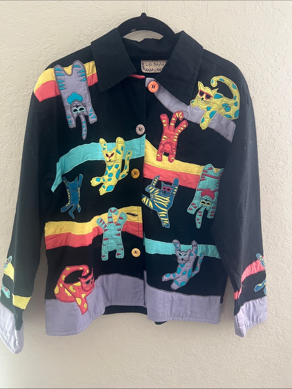 Black Button-Down Shirt with Colorful Cat Appliqués